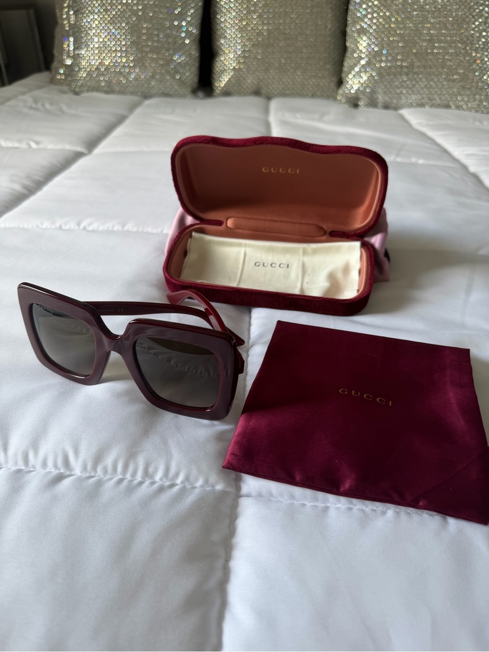 Gucci Women's Burgundy Square Frame Sunglasses with Matching Case
